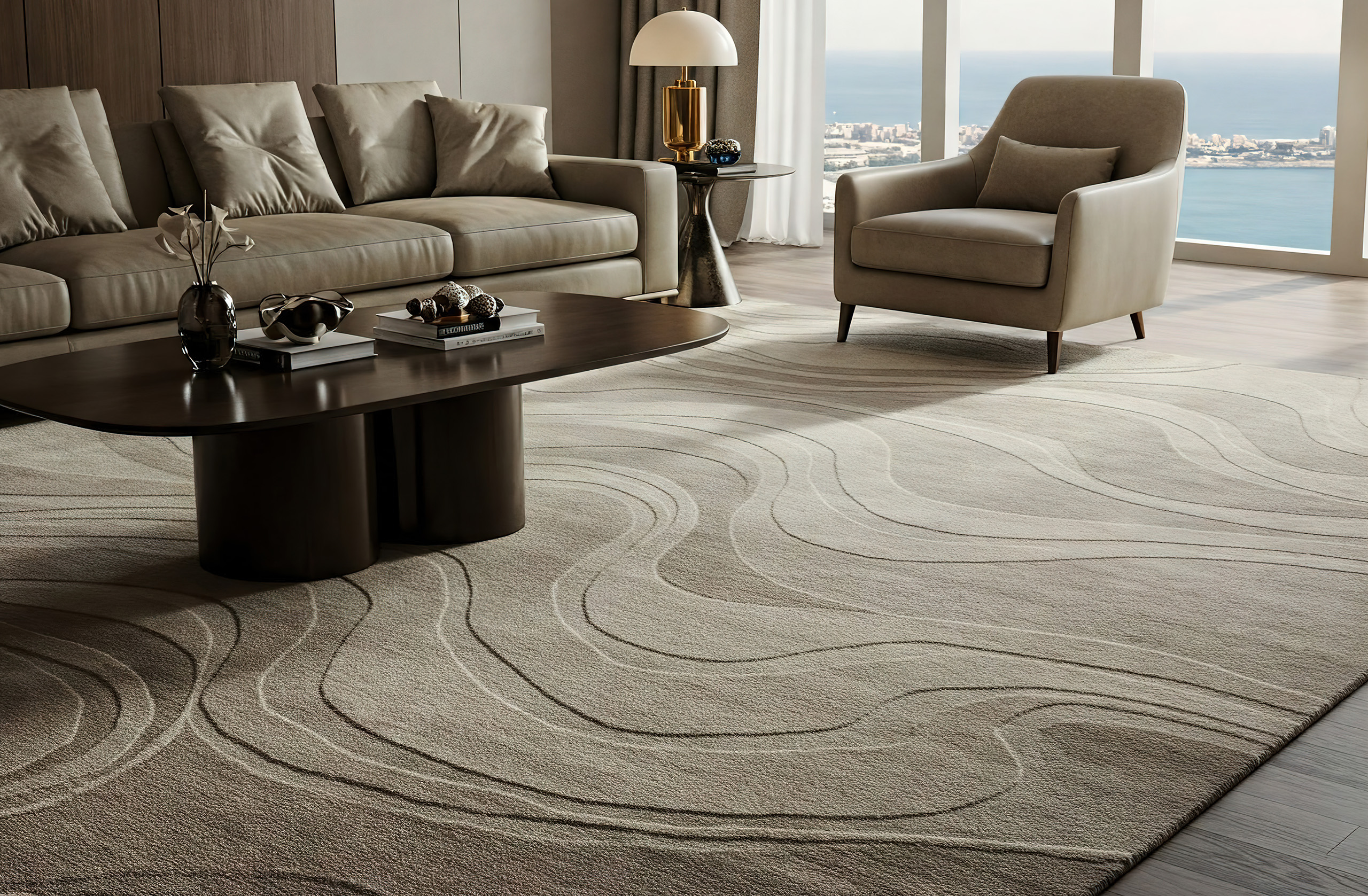 Handmade tropical beach-inspired rug with a wavy textural play