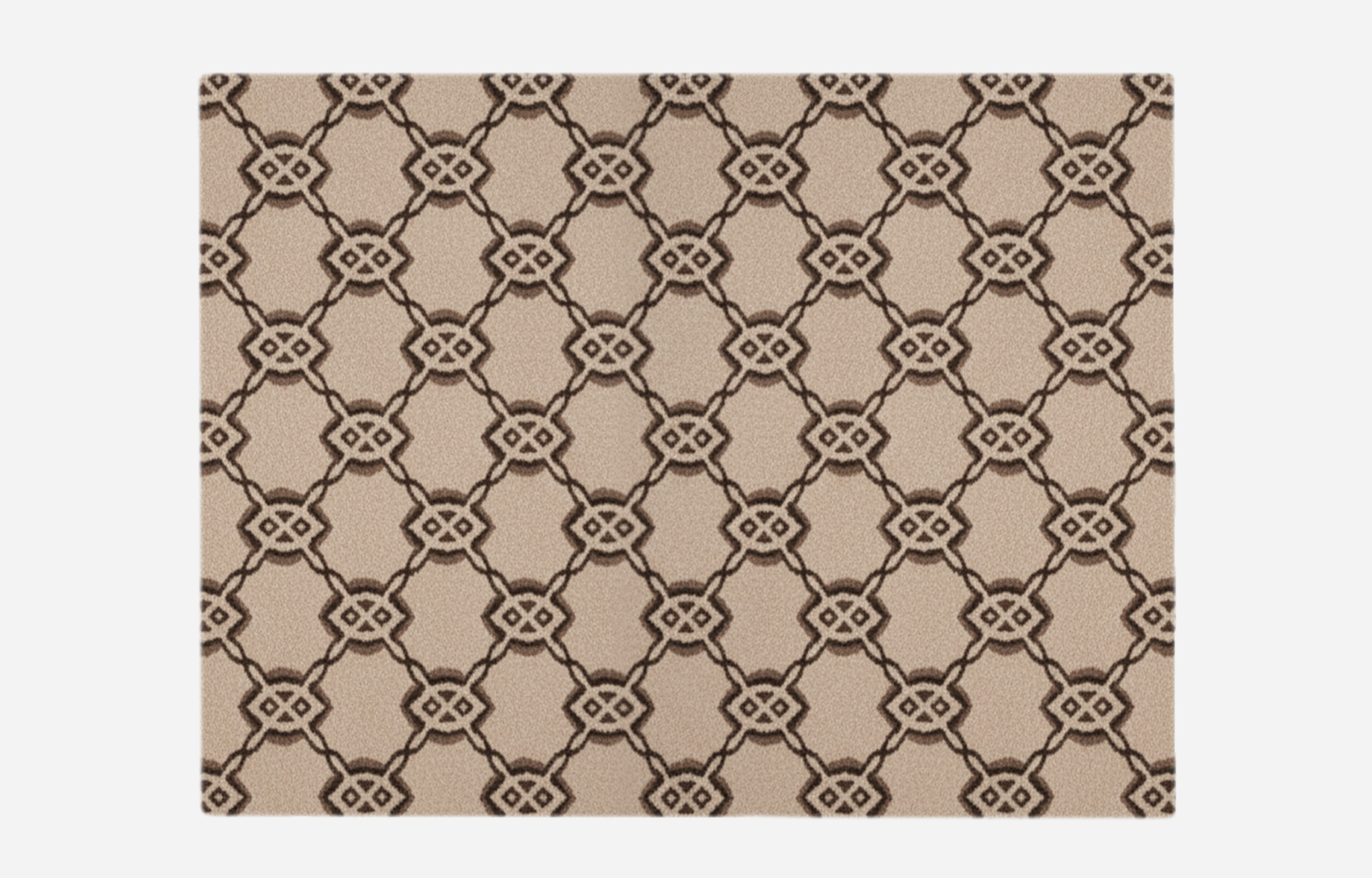 Hand-tufted area rug featuring a repeating interlocking diamond and geometric chain link pattern in beige, taupe, and deep brown neutral colors. Ideal for luxury living rooms and modern entryways.