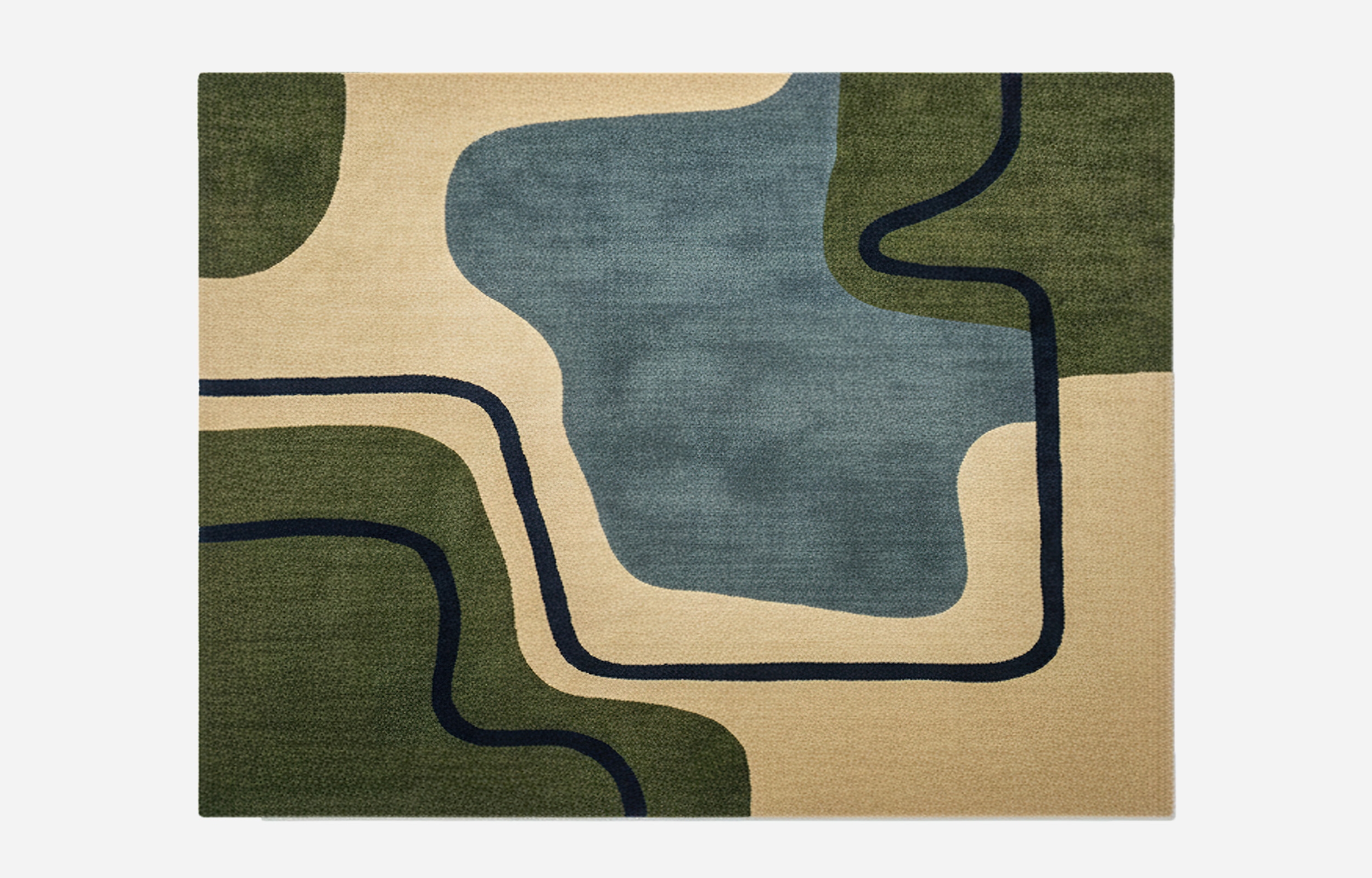 Abstract hand-tufted rug with irregular, flowing shapes in green, beige, dusty blue, and navy blue outline. Modern artistic area rug for living spaces.